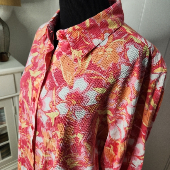 Appleseeds Long Sleeve Button Up Floral Pink Orange XL - Picture 3 of 6
